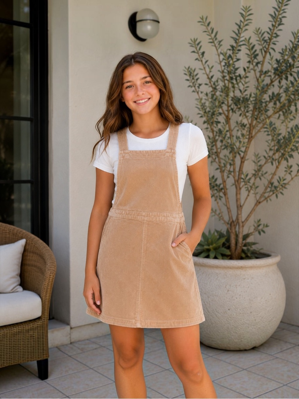 Girls 16 Beige Brown Corduroy Jumper Dress Criss Cross Back  THERE ABOUTS